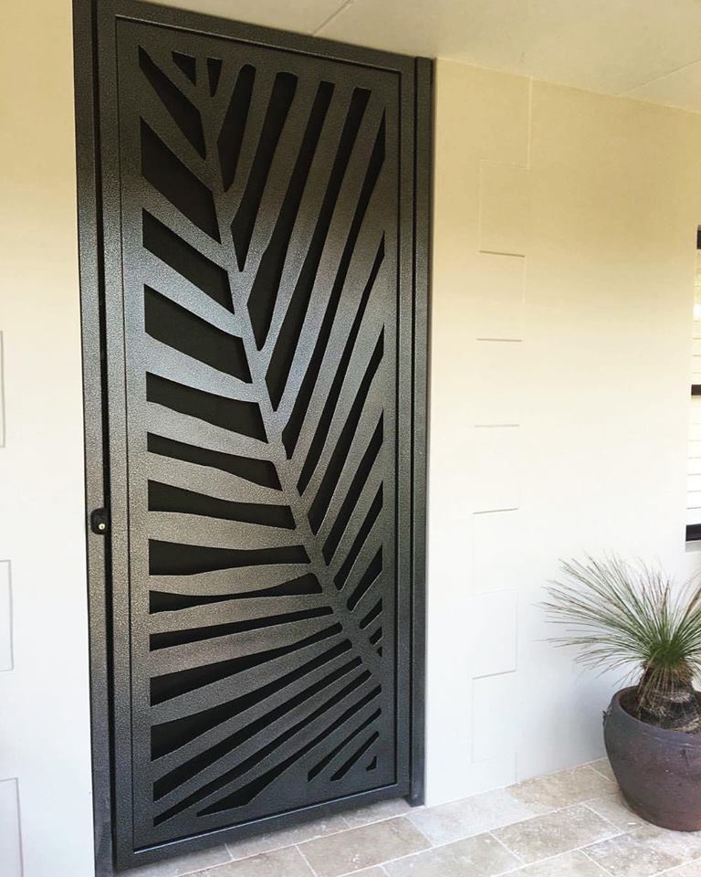 Palm Frond Security Door Front View Iron Bark Metal Design