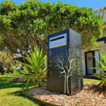 Ironbark Letterbox with Autumn Tree Pattern in Black Powder Coated Aluminium & Perspex Backing- Figtree