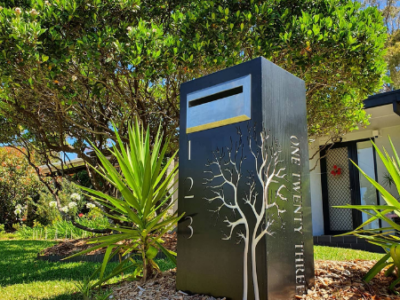 Ironbark Letterbox with Autumn Tree Pattern in Black Powder Coated Aluminium & Perspex Backing- Figtree