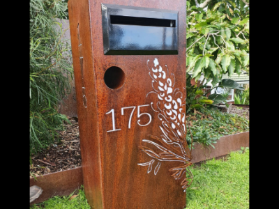 3D Grevillea Letterbox Rusted & Sealed with Perspex & Newspaper Cylinder