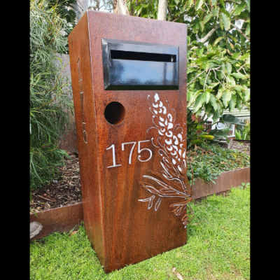 3D Grevillea Letterbox Rusted & Sealed with Perspex & Newspaper Cylinder