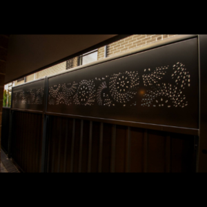 Decorative Fence Screens in Black Powder Coated Aluminium- Fanfare Pattern