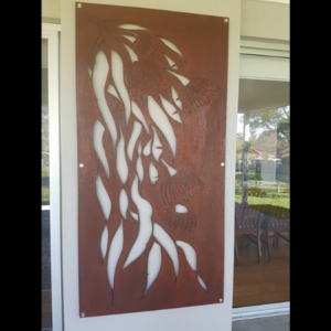 Gumleaf Cascade Wall Art in Rusted Steel with Brushed Silver Standoffs