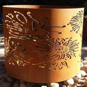 Large Round Fire Pit with Firewheel Pattern in Steel